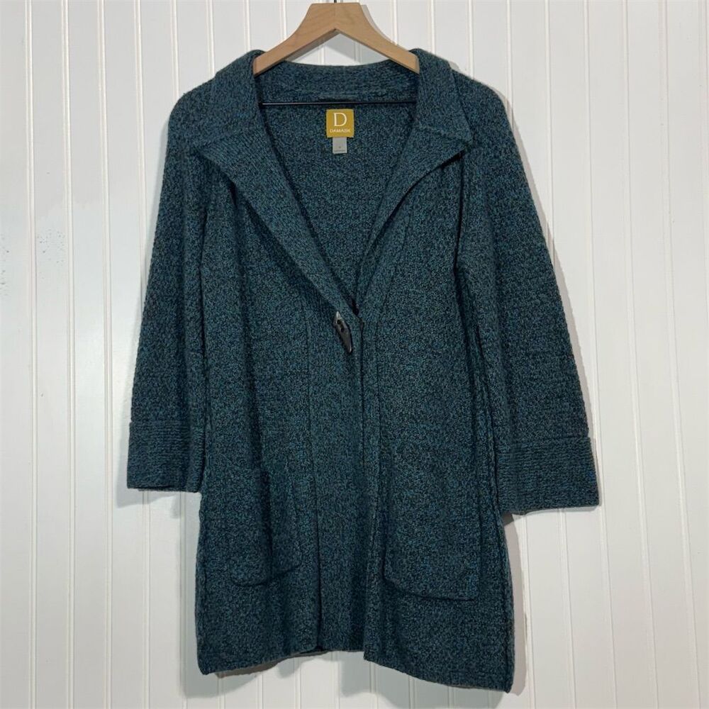 Damask Wool Cashmere Angora Blend Cardigan Coat S Teal Blue Longline Jacket